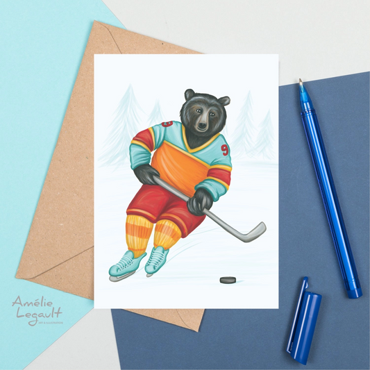 Bear Playing Hockey Greeting Card