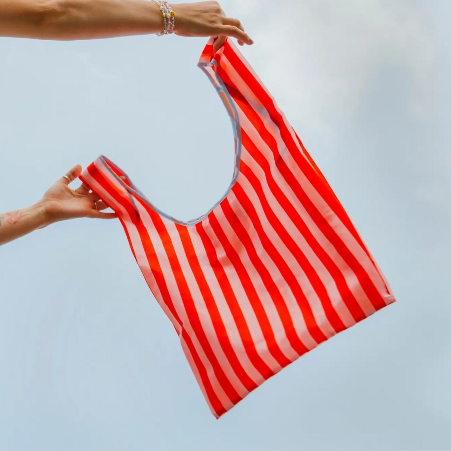 Pink & Red Striped Foldable Nylon Tote
