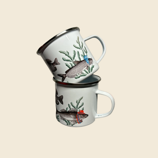 "Fish with Hats" Enamel Mug with Stainless Steel Rim