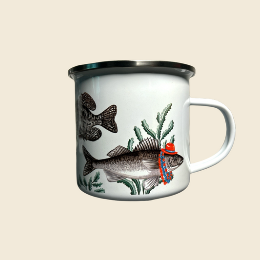 "Fish with Hats" Enamel Mug with Stainless Steel Rim