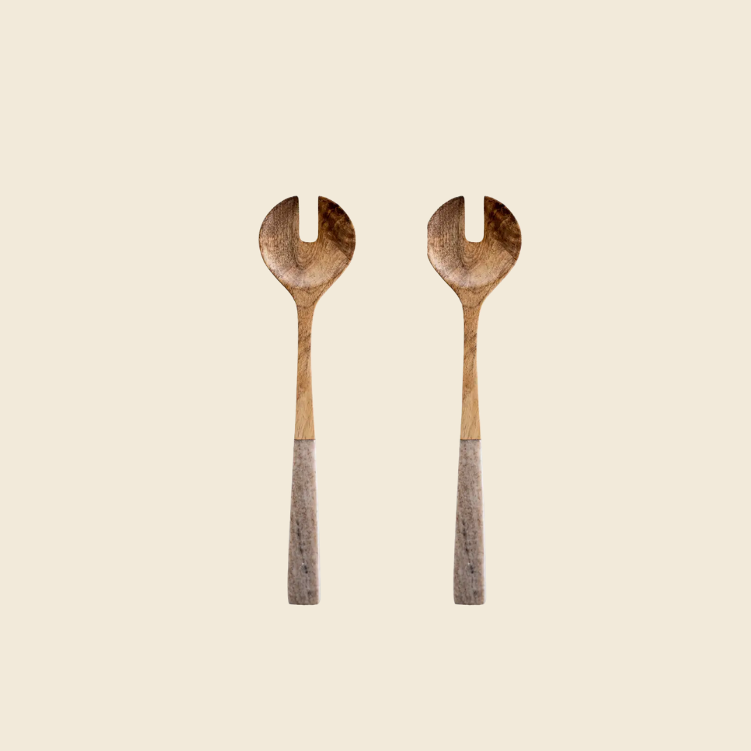 Mango Wood & Marble Serving Spoon Set